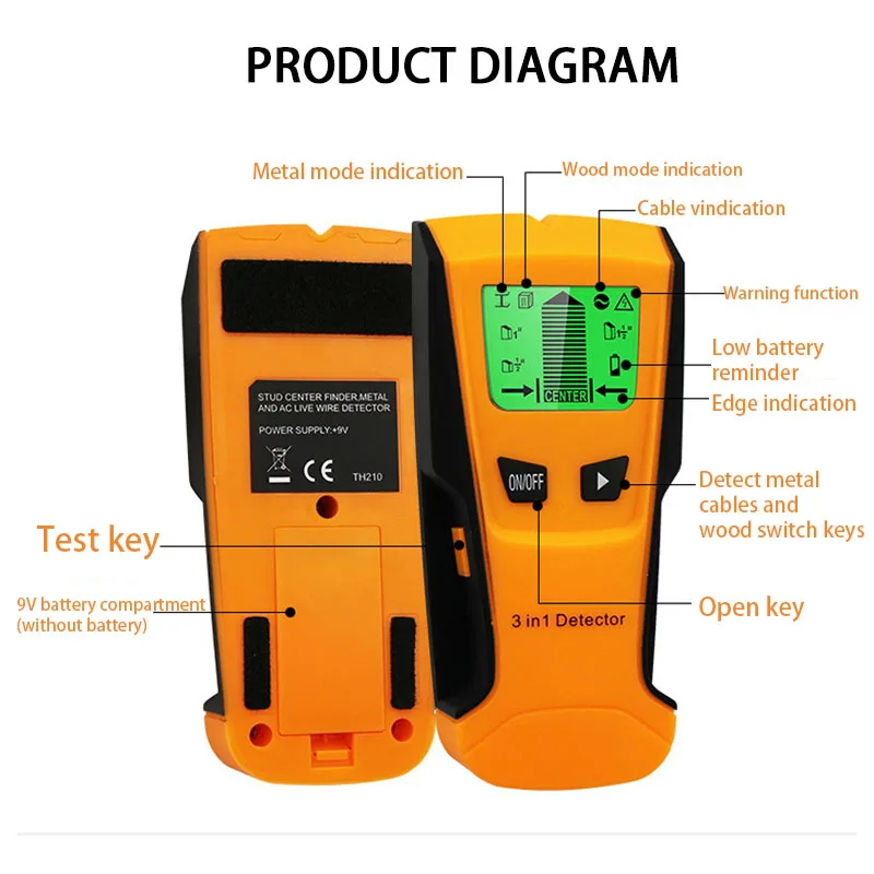 KOOJN Stud Beam Column Wood Metal Center Detector 3-in-1 Current Cable Multifunctional Metal Detector Portable