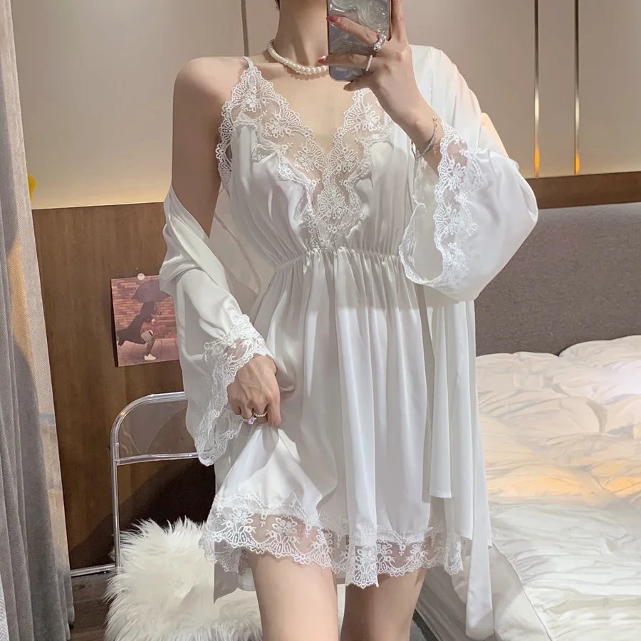 White Twinset Robe Set Princess Style Homedress Big Lace Edge Nightdress Sexy V-Neck Strappy Sleepwear Bathrobe Loose Kimono