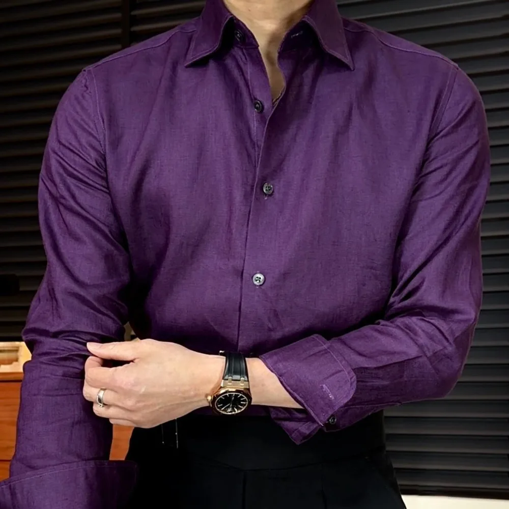 

Pure Linen Shirt For Men Luxury Britishshirts Men Dress Purple White Long-sleeved Breathable Refreshing Chemise Men Casual Shirt