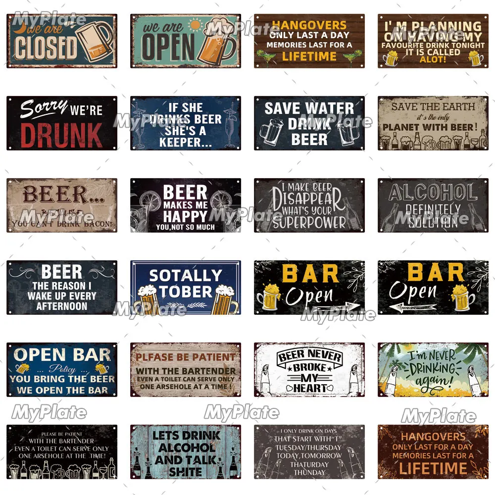 [MyPlate] Open Beer Bar Wooden Wall Plaque Sign Wood Plate Home Door Wall Deocr Decoration Man Cave Hanging Sign House Gift