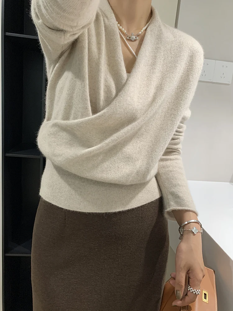 New cross knitted bottom sweater Women\'s sweater with V-neck waist fitting cashmere sweater S23222