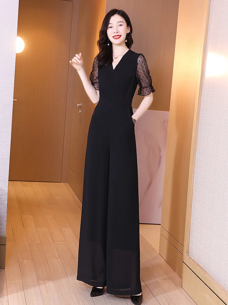 엘레 블라 하이웨이스트 와이드 레그 점프수트 여성 여름 롱 슬리브 패셔너블 드레이프 원피스 수트 출퇴근 폴리에스터