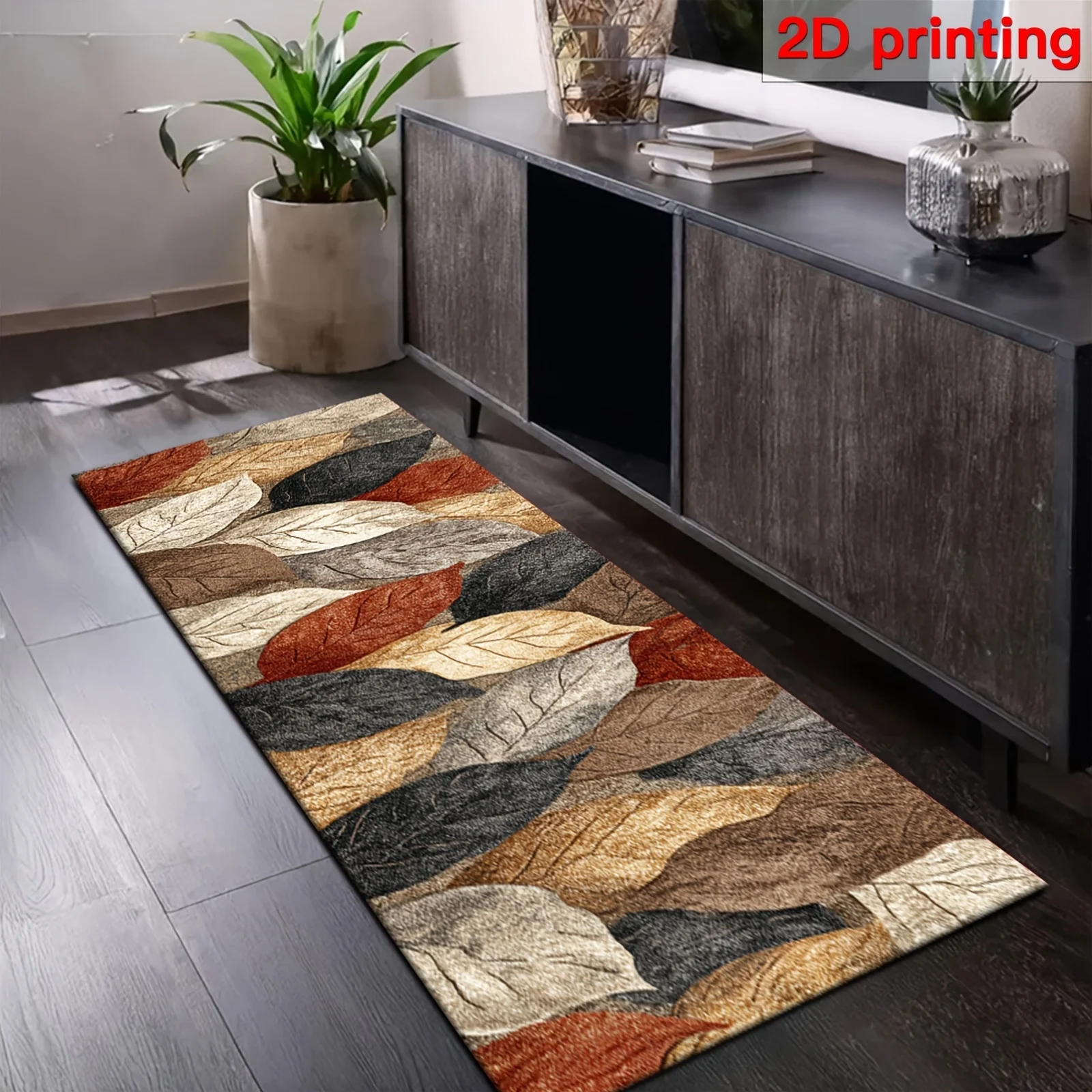 A 2D Flat Countryside Style Rug with a Colorful Leaf Pattern. It Features a 2D Print And a Non-Slip Backing, Offering a Soft T