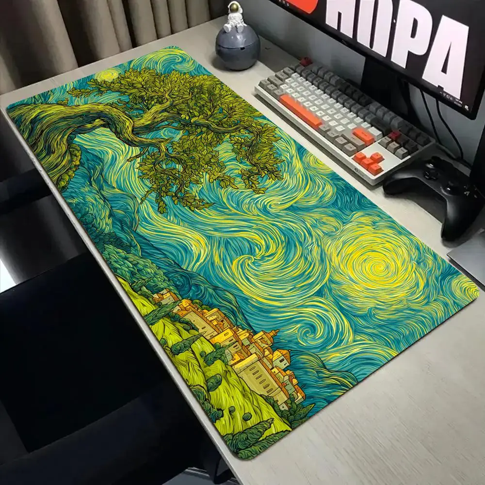 Artistic starry sky and ancient tree Mouse Pad Desk Mat with Stitched Edge Non-Slip gaming mats pc accessories keyboard desk pad