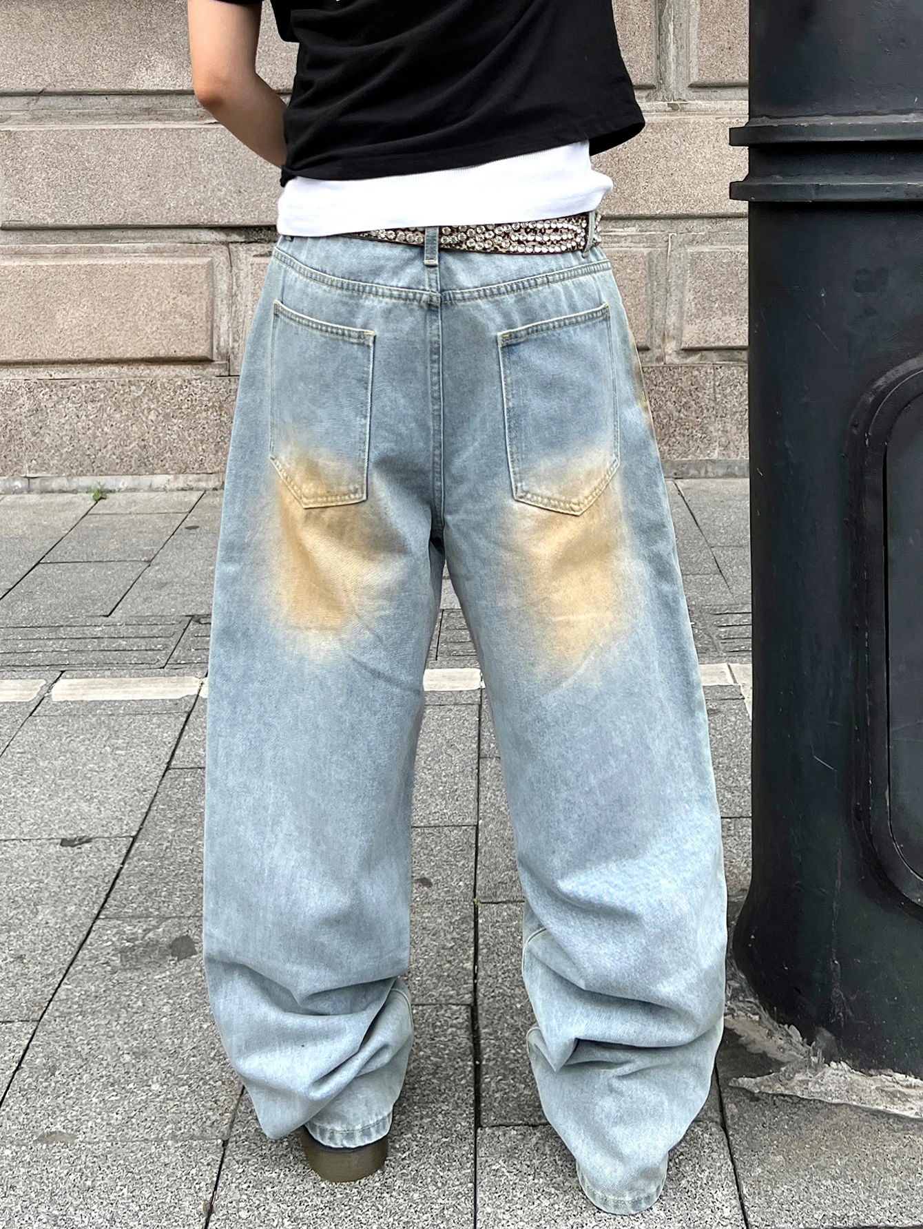 Retro Classic Versatile Minimalist Style Loose Straight Leg Jeans,Men's Hand-Painted Distressed Washed Blue Denim For All Season
