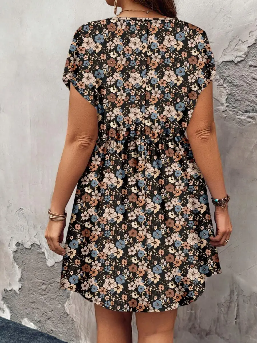 

Casual Vintage Ditsy Floral Loose Round Neck Short Sleeve A-Line Dress For Spring Summer