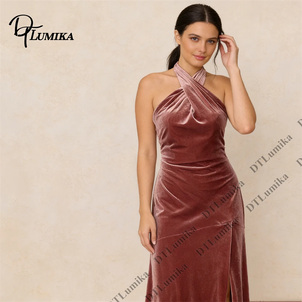 DTLumika Dusty Rose Sexy Halter Semi-Formal Dress, Engagement Party Dresses Sleeveless Tailored Women's Long Evening Gowns