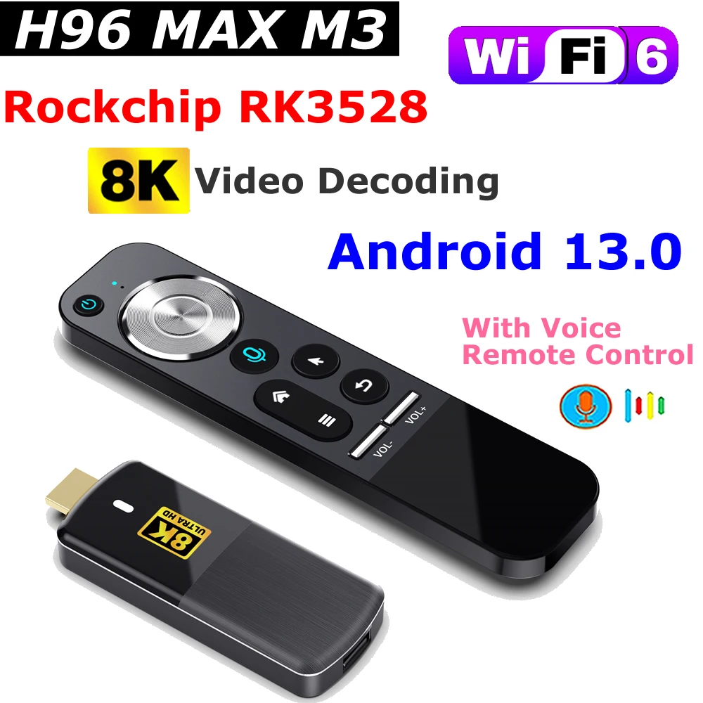 

H96 Max M3 Android 13 TV Stick RK3528 8K Video Decocding 2GB 16GB Android TV Box WIFI6 BT5.0 With Voice Control TV Dongle