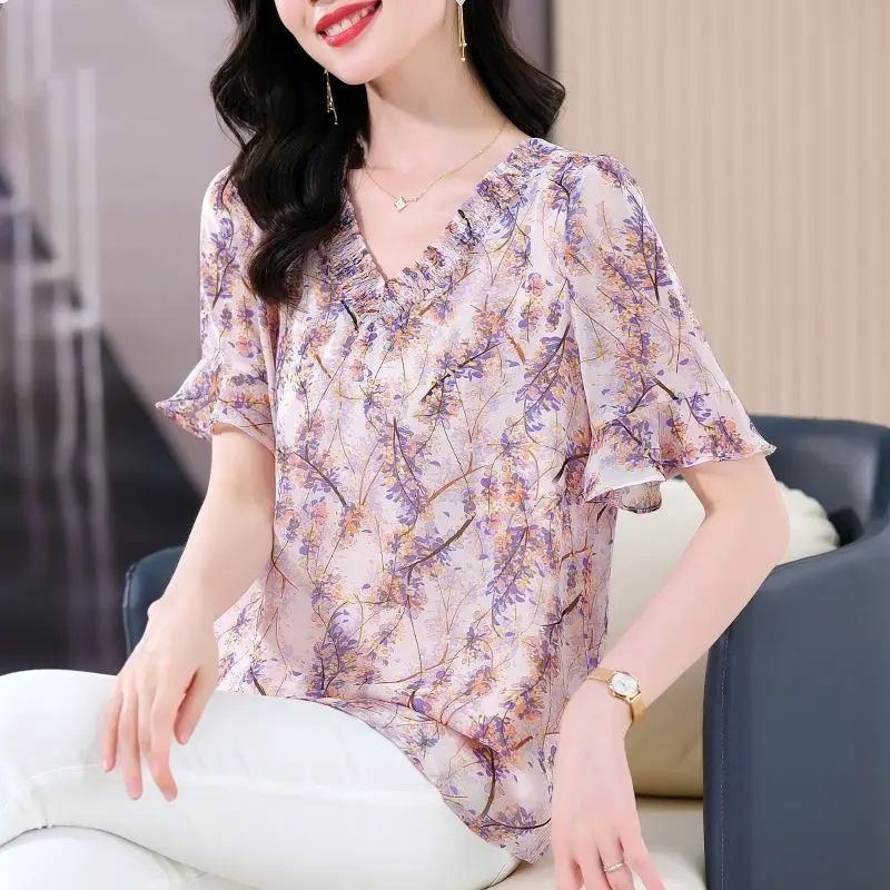 Einfachheit Büro Dame Sommer Frauen V-Ausschnitt Druck Plissee Volant Temperament Mode lose Kurzarm Chiffon Shirt Tops