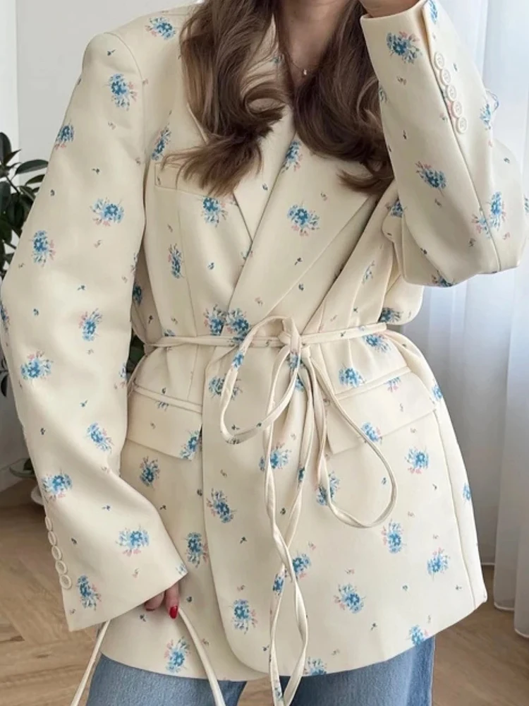 FSMG Elegant Flower Printed Loose Suit Collar Coat Belted Waist Shoulder Pad Long Sleeve One Button Blazers Lady Street Chic Top