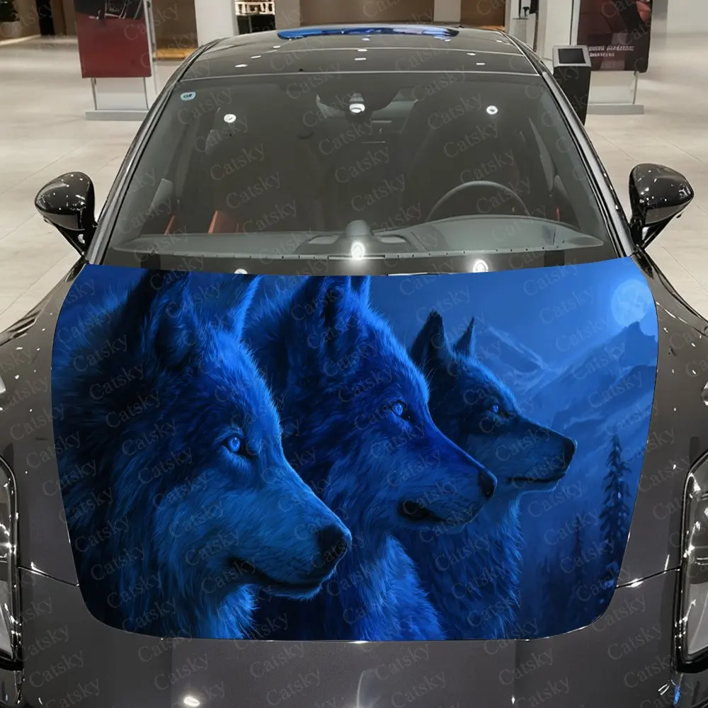 Blue Tone Wolf Moonlight Mountain Car Hood Sticker,Waterproof Self-Adhesive Vinyl Graphics Decal,Decor Auto Accessories Stickers