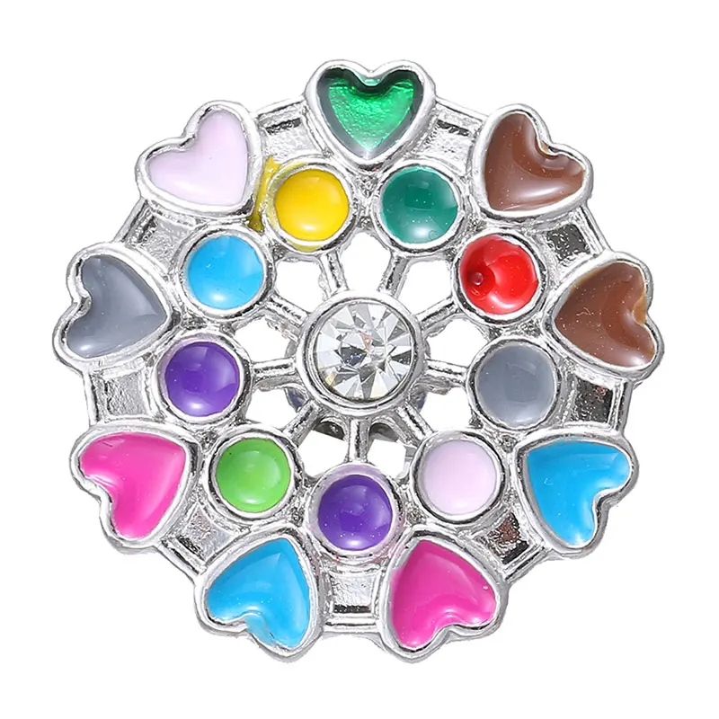 New Beauty Colorful Rhinestone Flowers heart leaves Round 18MM snap buttons fit DIY snap bracelet jewelry wholesale