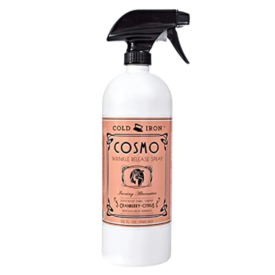 

Wrinkle Release Spray 32 fl oz. Cranberry-Citrus. Plant Based Ironing Alternative. Fast, Easy to Use. Spray, Smooth, Hang. Awar
