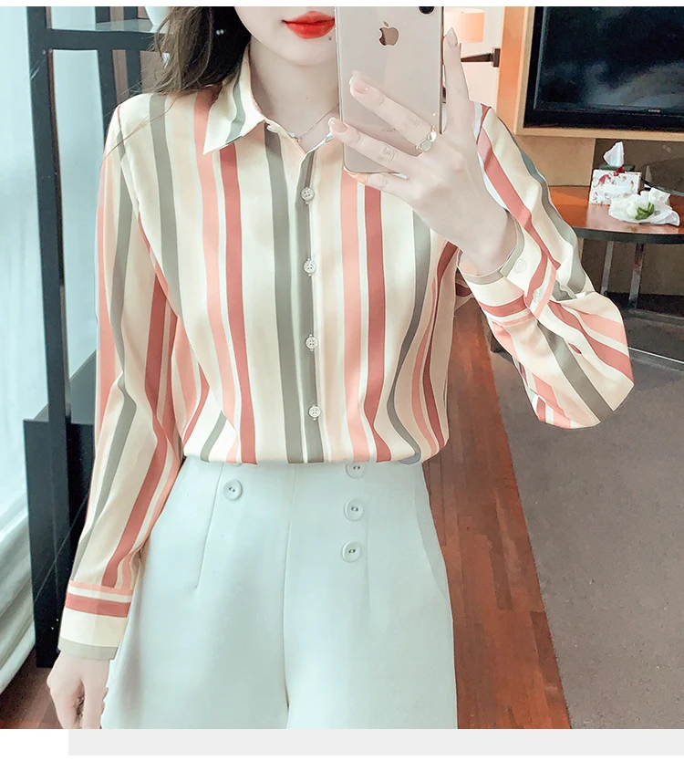 Satin Long Sleeve Women\'s Shirt New South Korea Fashion Casual Lapel Blouse Striped Loose Single-breasted Top