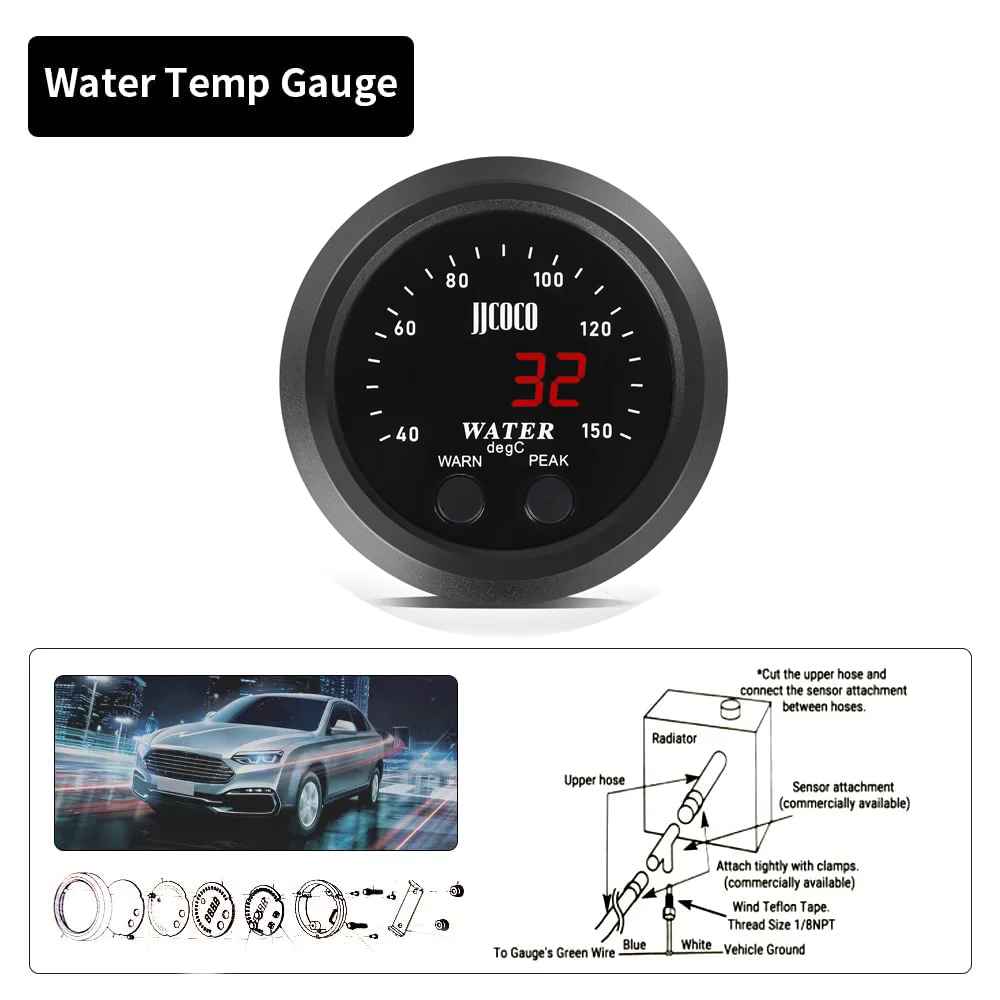 52MM Auto 12v/24v Ultra-thin Water Temperature Gauge With 1/8 Npt Sensor Car Digital Meter Red Display Temp 40-150C - view 3