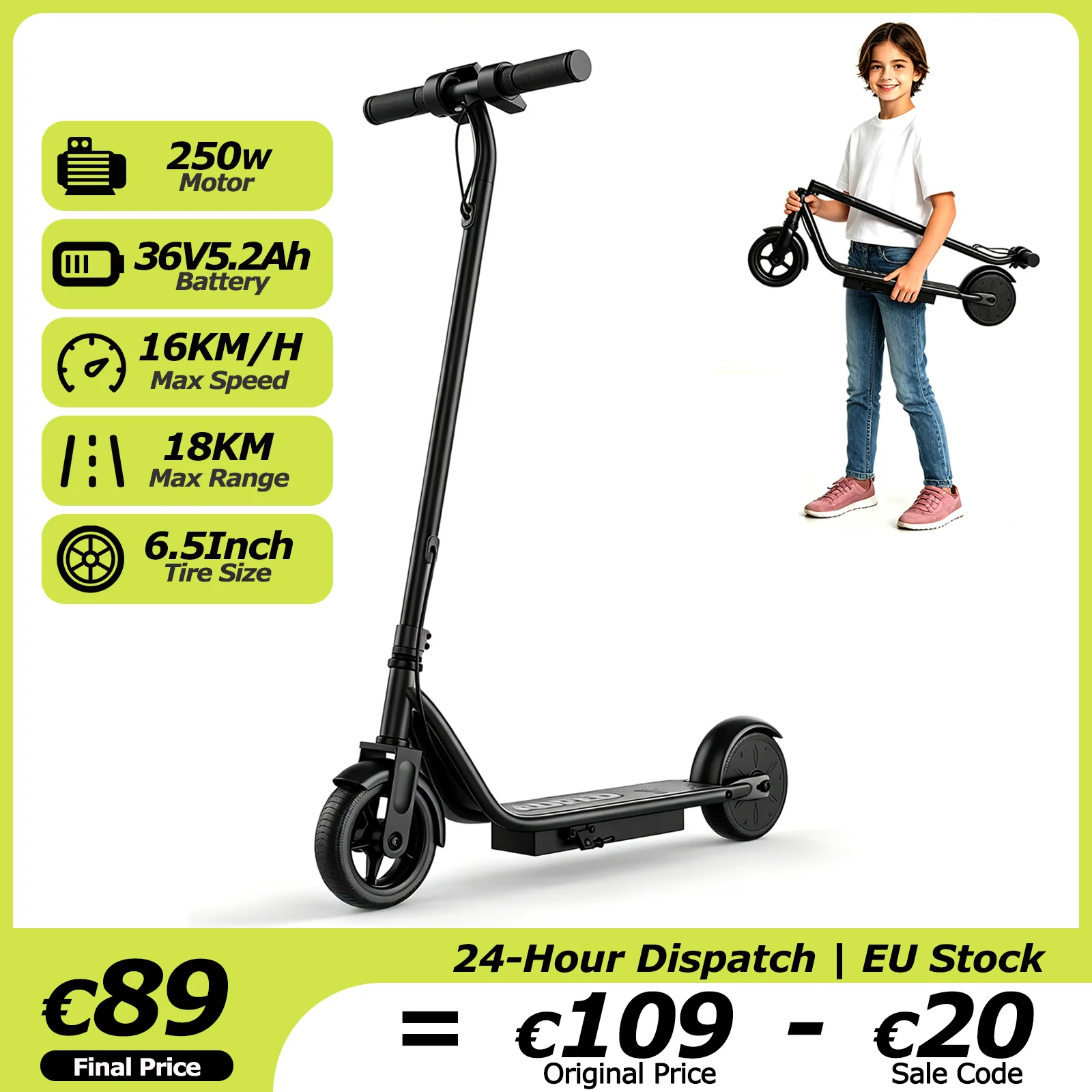 Image of AOVOPRO MiniGX65 Elektroroller für Kinder, 250 W, 18 km Reichweite, 16 km/h, Doppelbremse, 6,5 Zoll, E-Scooter, sicheres Geburtstagsgeschenk für Kinder, Jungen und Mädchen