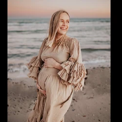 Vestido de fotografía de lino y algodón plisado para mujer, conjunto de dos piezas de encaje de manga larga, un hombro, estilo bohemio para sesión de fotos