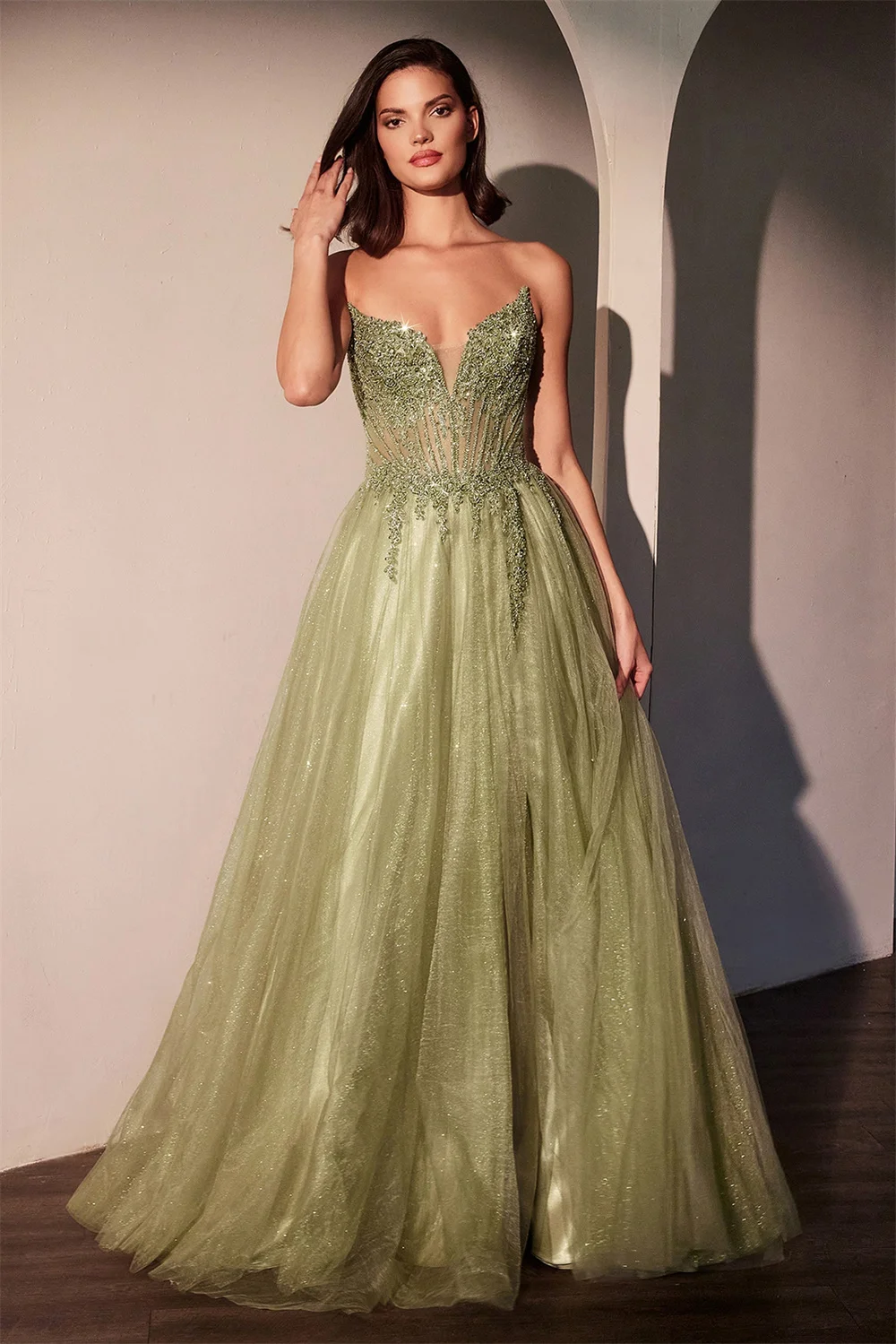 Cathy Strapless Bright Diamond Glitter Prom Dress Low Neck Side Split vestidos de noiva Customized A-line Floor-length Formal image 5