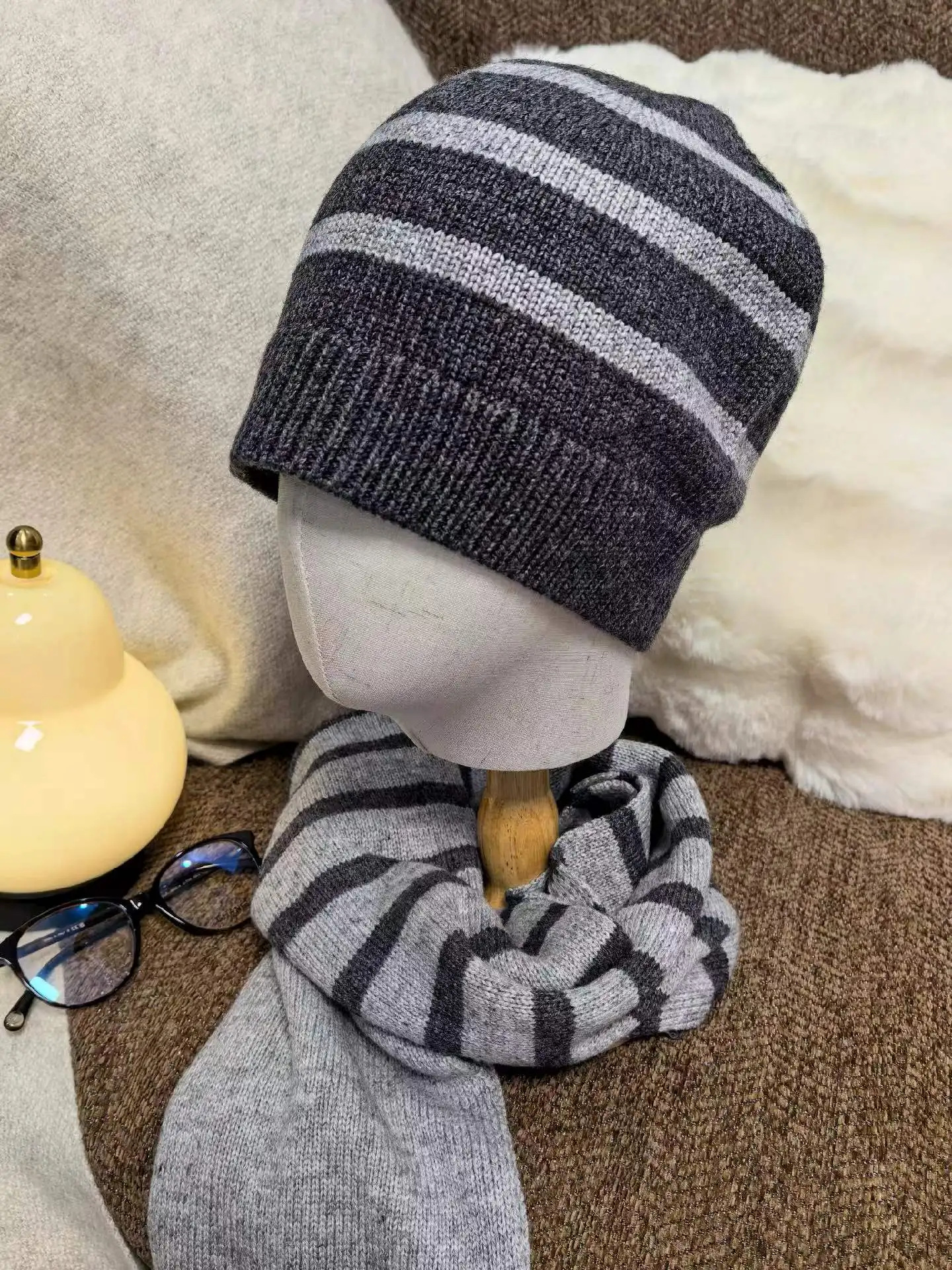 2026 New Winter Wool Scarf And Hat Set For Women Striped High Quality Soft Warm Beanies Skullies Cap Bonnet Neck Scarf Lady Gift
