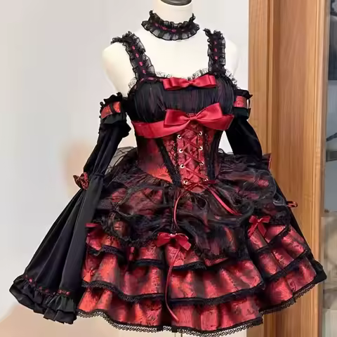 Gothic Lolita Dress Women Harajuku Bow Lace Ruffles Evening Party Mini Dresses Punk Kawaii Black Red Vestidos Summer Y2k Dress