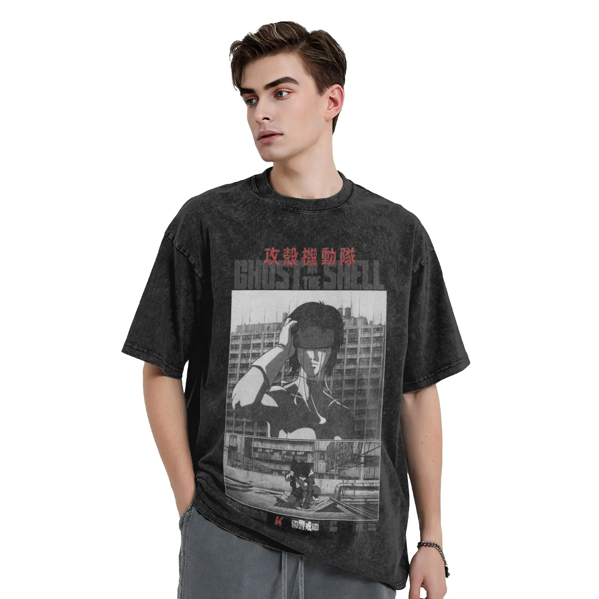 Ghost in the Shell  Vintage Washed T Shirt Cotton Novelty T-Shirts Crewneck Major Motoko Kusanagi Tees Short Sleeve Clothes