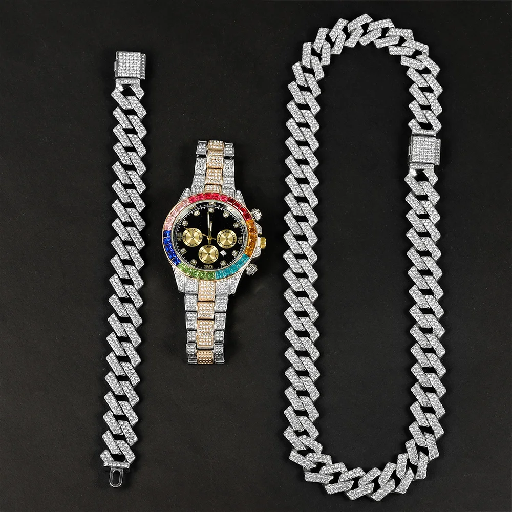 3pcs Hip-hop Men\'s Watch Set Stylish Gold&Silver Inlaid Colorful Diamonds Watch+Cuban Chain+Bracelet Trend Punk Jewelry Gift Set