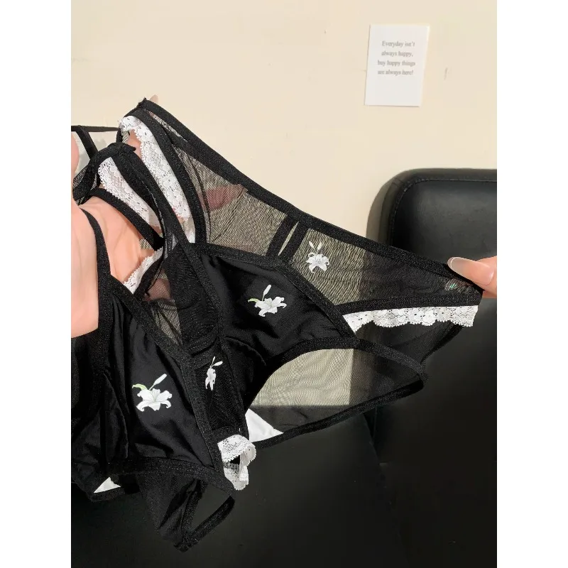 Sexy High Cut Lace Satin Women Panties White Bow Double Strap Thin Breathable Anti-chafing Ladies Brief Underwear