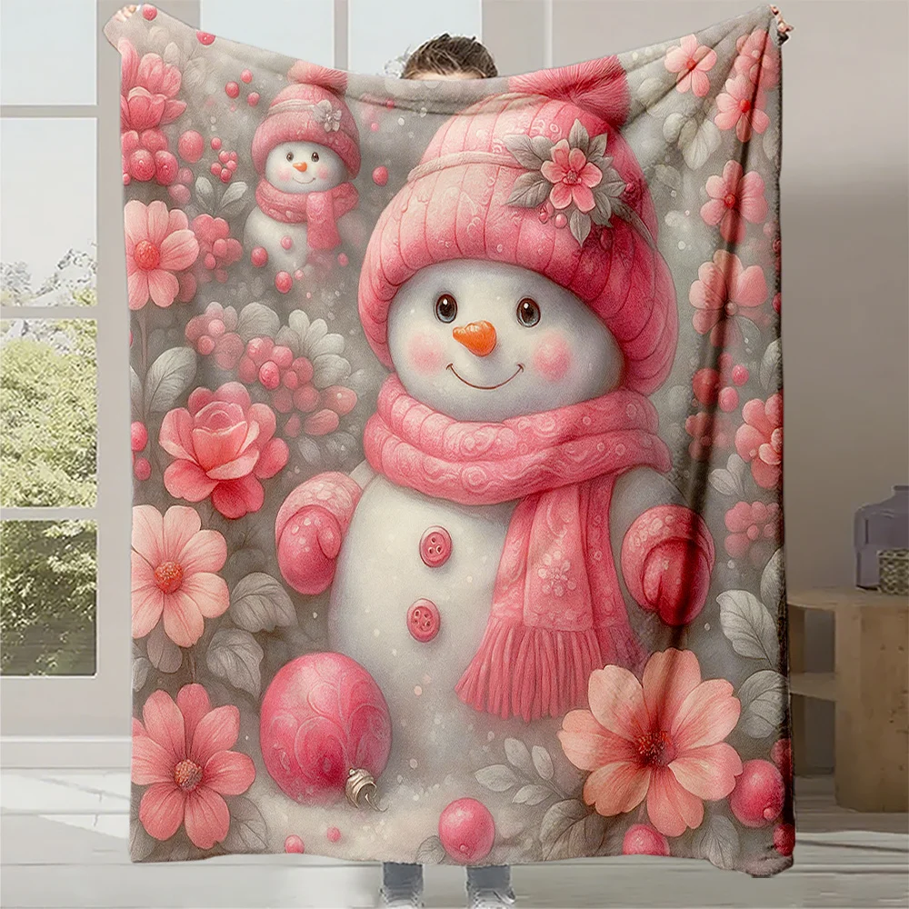 1pc Pink Snowman & Hearts Print Plush Fleece Blanket - Soft Quilted Cozy Bedspread with Snowman & Hibiscus-like Patterns, All-Se