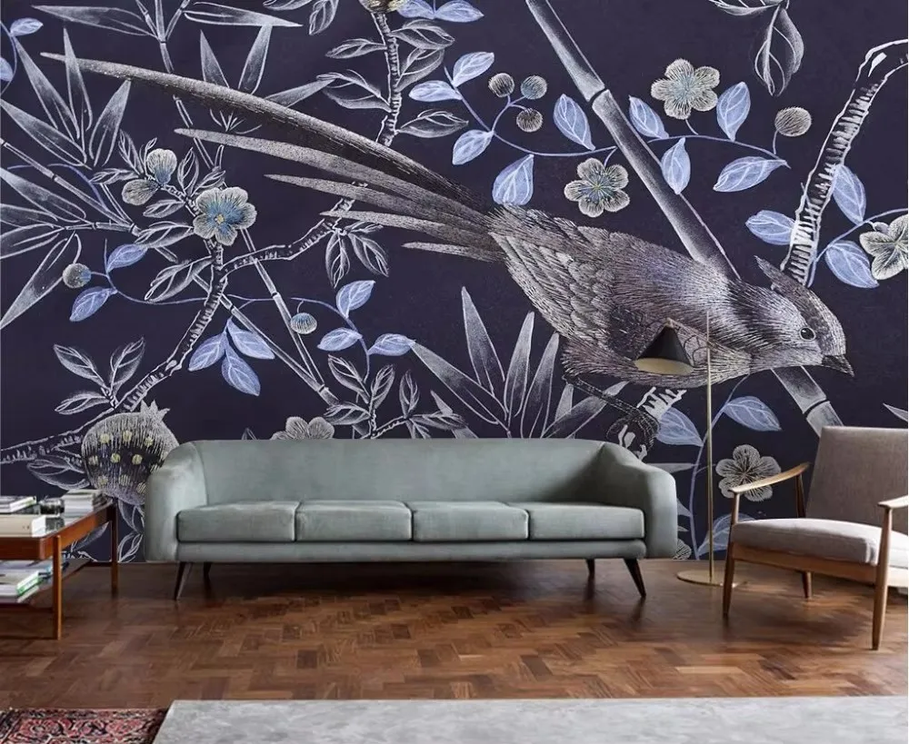 خلفية مخصصة الحنين الأوروبي الصينية رسمت باليد الزهور والطيور الفاوانيا الرعوية الجداريات أريكة التلفزيون خلفية ثلاثية الأبعاد