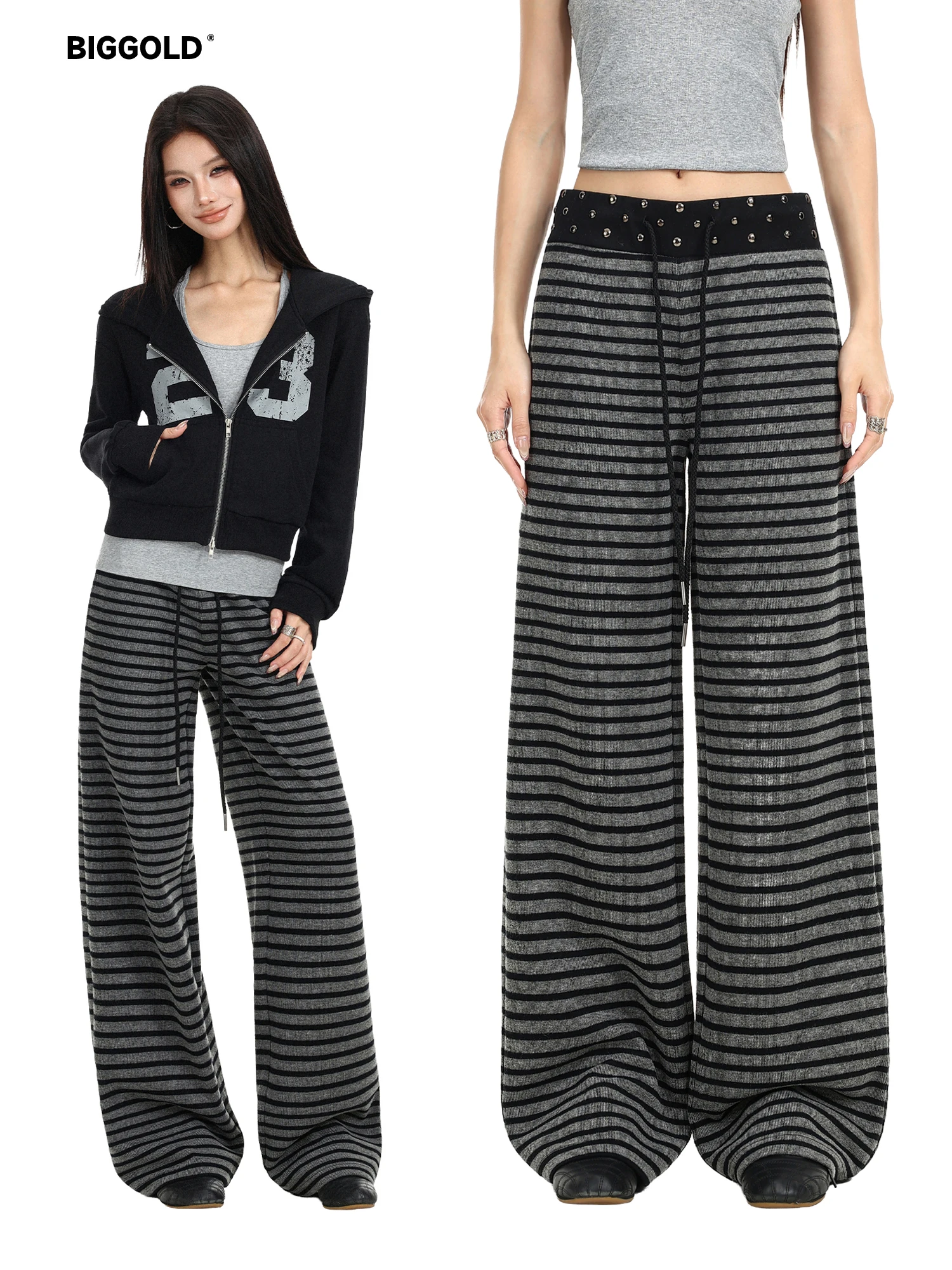 Biggold Retro Striped Wide Leg Casual Pants Women High Waist Draped Lazy Loose Slimming Floor Length Trousers Breathable