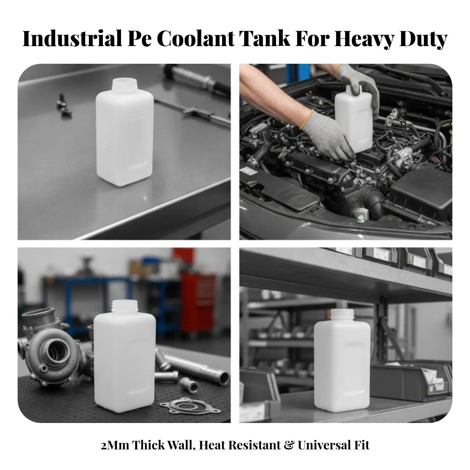 Plastic Coolant Overflow Tank for Excavator 2mm Wall Thickness PE Material 8mm Connection Port Rounded Rectangular Reservoir