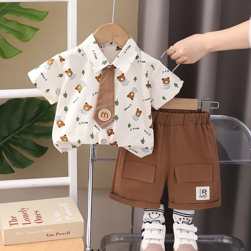 

Western Baby Boys Boutique Clothing 2024 Korean Cartoon Printed Turn-down Collar Short Sleeve Shirts and Shorts Boy Outfit Set