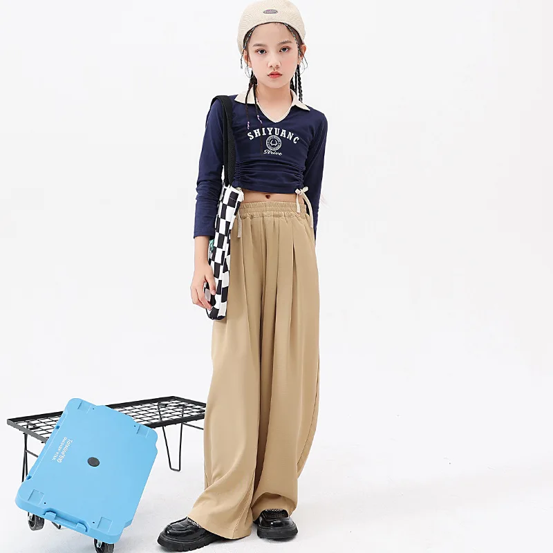 

Kid Hip Hop Clothing Navy Blue Ruched Crop Top Long Sleeve T Shirt Khaki Wide Casual Pants for Girls Jazz Dance Costume Clothes