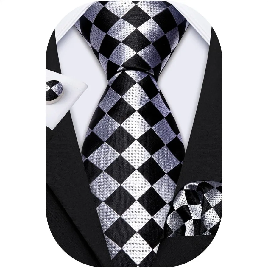 

Barry.Wang Designer Classic Ties for Men Set Formal Pocket Square Cufflink Check Plaid