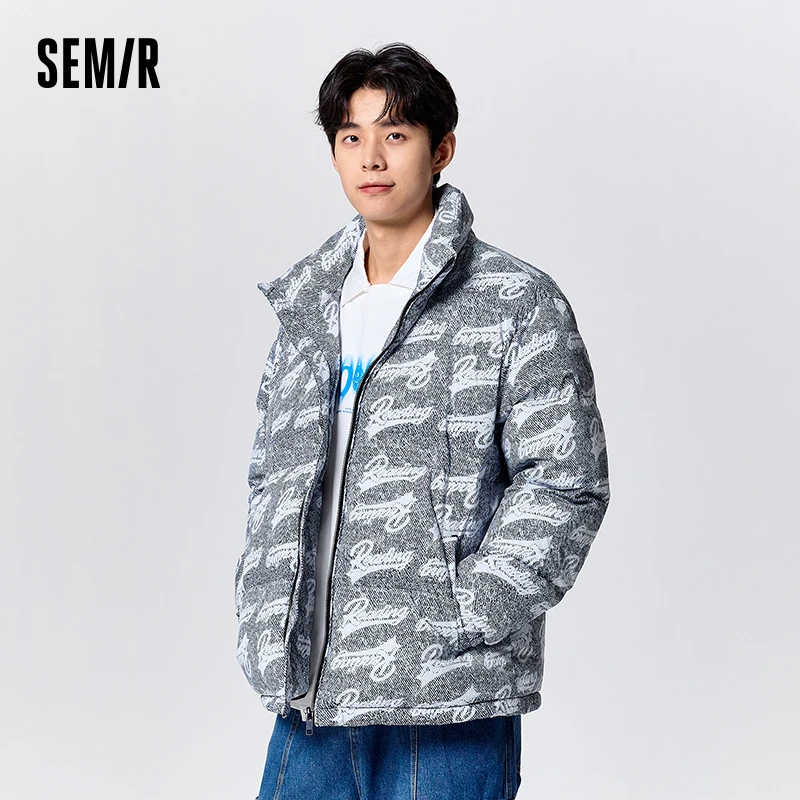 Semir Down Jacket Men 2024 New Winter Trendy Street Wind Flower Version Loose Stand Collar Coat