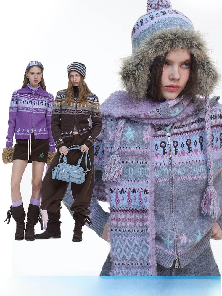

Вязаный свитер-пальто Laid-ba с воротником Fair Isle, шапкой и шарфом DNT, осенне-зимняя новинка, женская теплая вязаная одежда с геометрическим узором