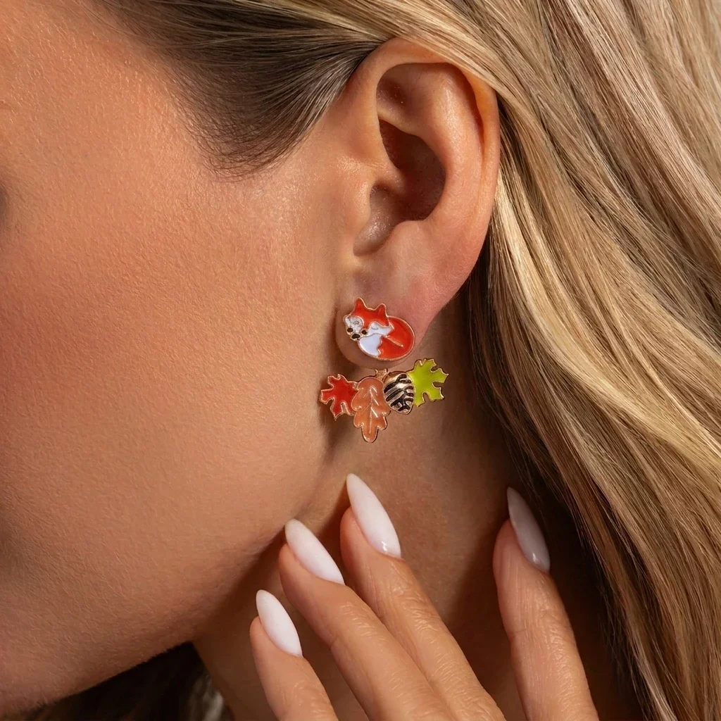 Cute 2 In 1 Red Fox Maple Leaf Enamel Stud Earrings For Women Autumn Fall Squirrel Acorn Cartoon Earring Thanksgiving Jewelry