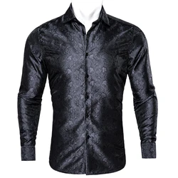 Luxury Black Paisley  Shirts Men Long Sleeve Casual Flower Silver Shirts For Men Designer Fit Dress Shirt BY-0054