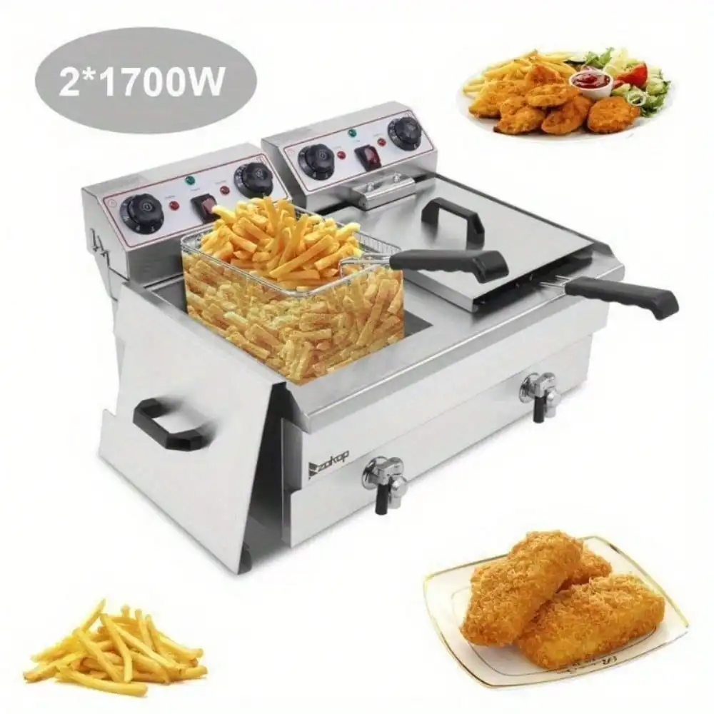 Electric Countertop High Capacity Stainless Steel Fryer with Double Removable Basket for Kitchen, Dining Room and Commercial Use