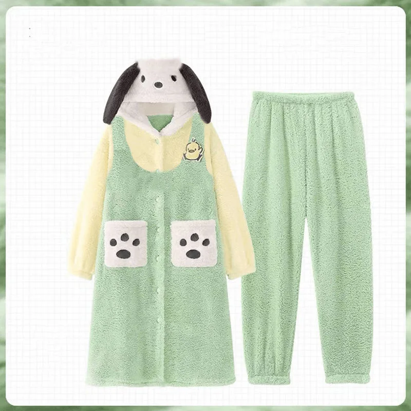 MINISO Adult Green Pochacco Cosplay Costume Robes Kigurumi Onesie Anime Nightgown Halloween Cartoon Pajamas