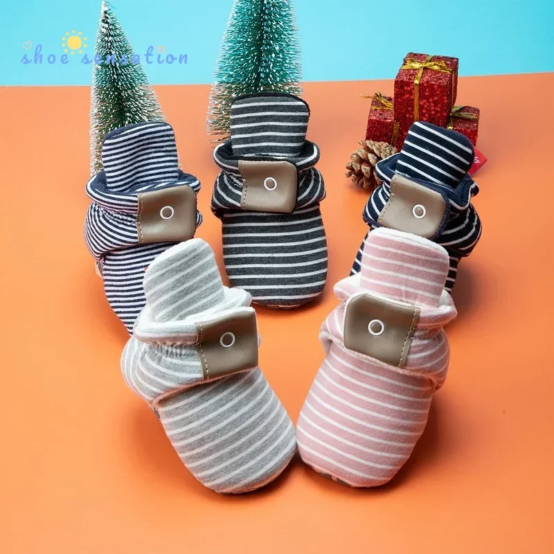 

Winter boys girls newborn baby warm shoes and socks striped multi-color cotton soft non-slip soles young children first toddler