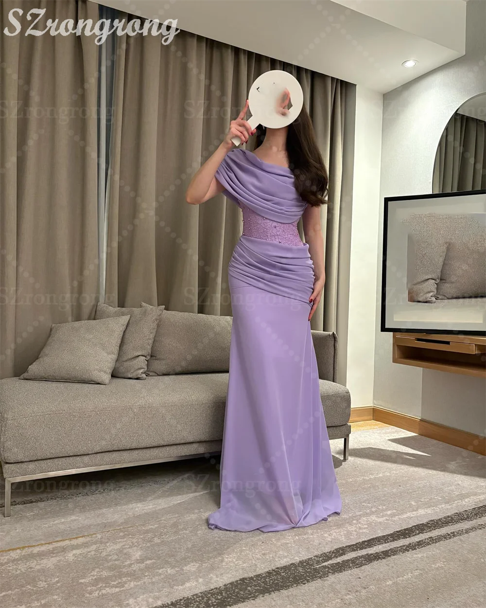 فستان سهرة لامع مصنوع حسب الطلب بكتف واحد من الشيفون والترتر اللامع ماكسي غمد بدون ظهر مطوي فستان عربي سعودي