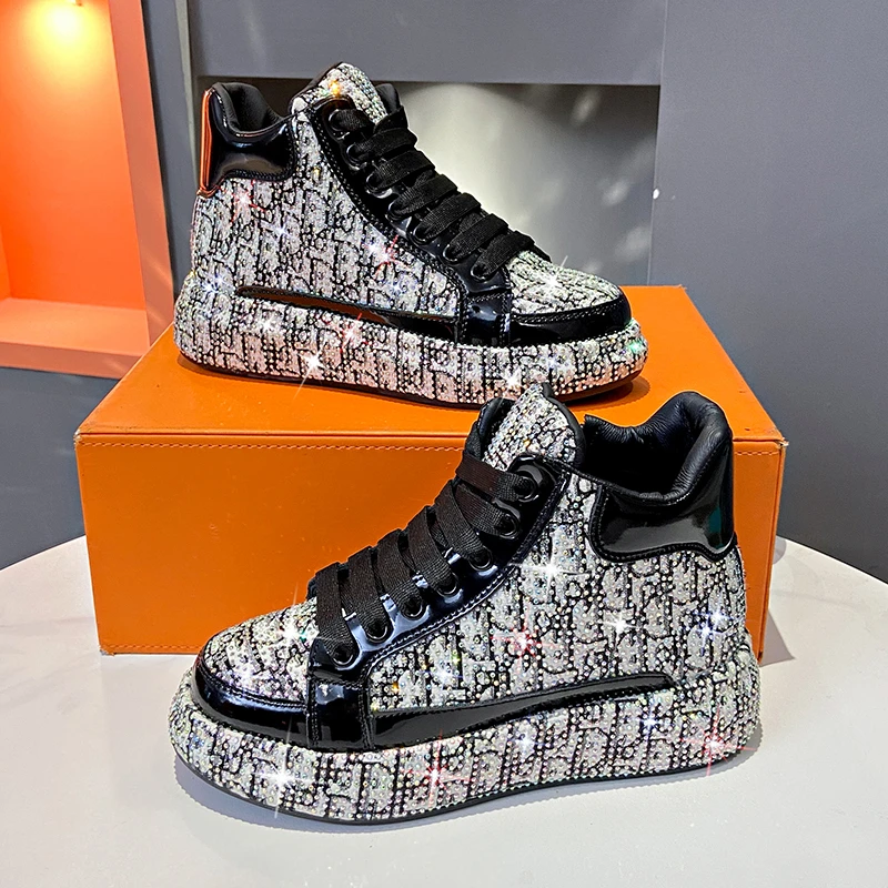 

Женские кроссовки на платформе с бриллиантами, повседневная обувь с индивидуальной ромбовидной вышивкой, роскошная спортивная обувь с высоким берцем