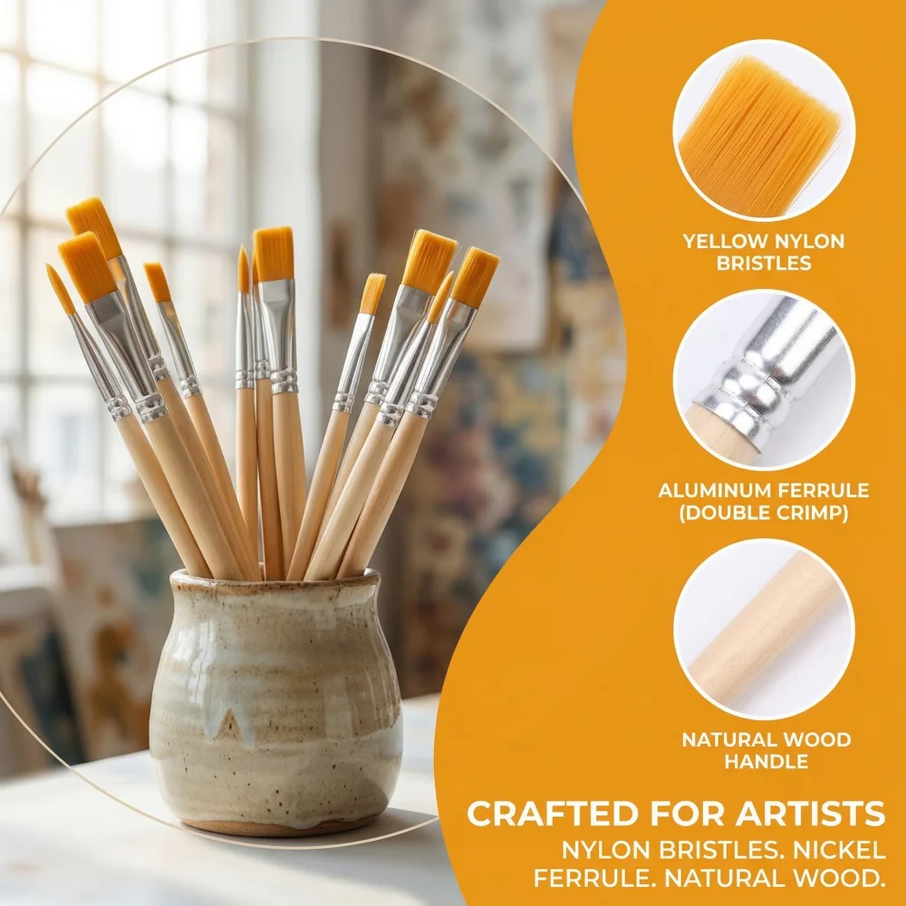 Multi-Pack Wooden Handle Paint Brushes, Pointed & Flat Tip for Acrylic Watercolor Oil, Beginner Artist Supplies Set