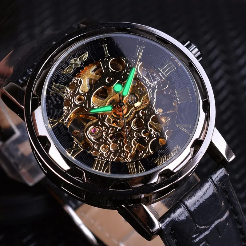 

Winner Watch Men Gold Skeleton Watches Classic Roma Dail Mechanical Hand Wind Wristwatches Men Business Watches Reloj Hombre
