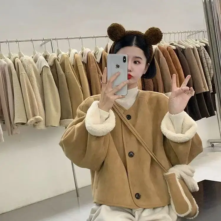 

Women's Faux Lamb Fur ort Jaet 2025 New Sle Autumn Winter Thiened Outerwear Straight Cut Single Piece Daily Wear