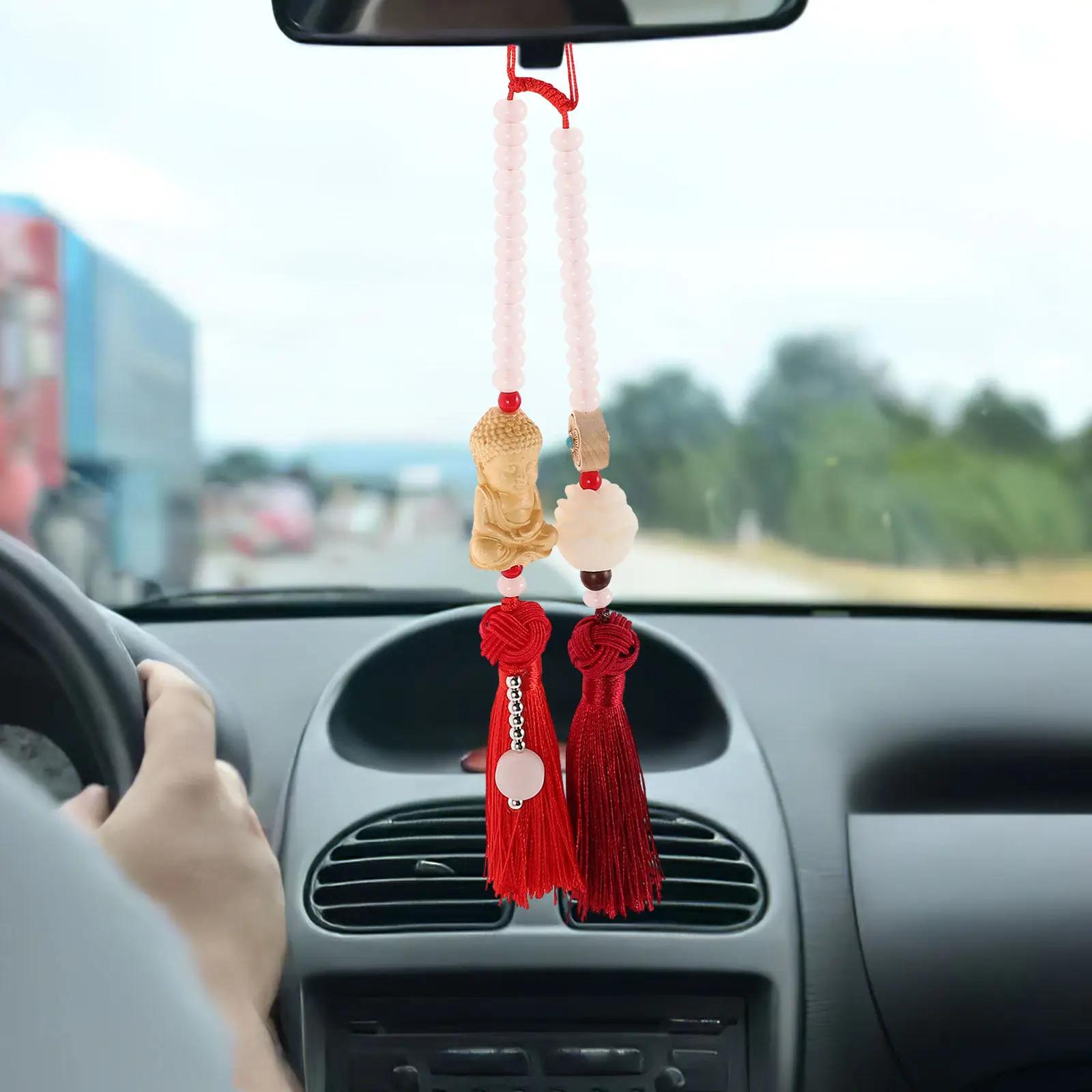 

Wooden Bead Buddha Car Pendant Hanging Ornament Rear View Mirror Decoration Automotive Charm Chinese Fortune Tassel Car
