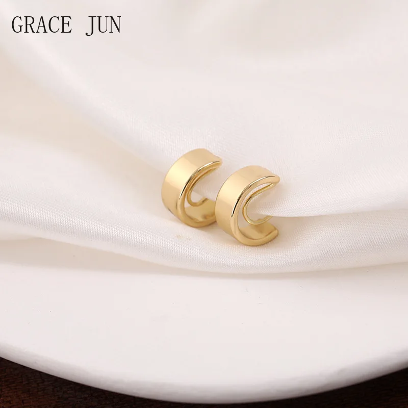 GRACE JUN New Arrival Gold Color Clip on Earrings No Pierced for Women Hoop Earrings Cuff Ear Clip Charm Jewelry Stud Earrings