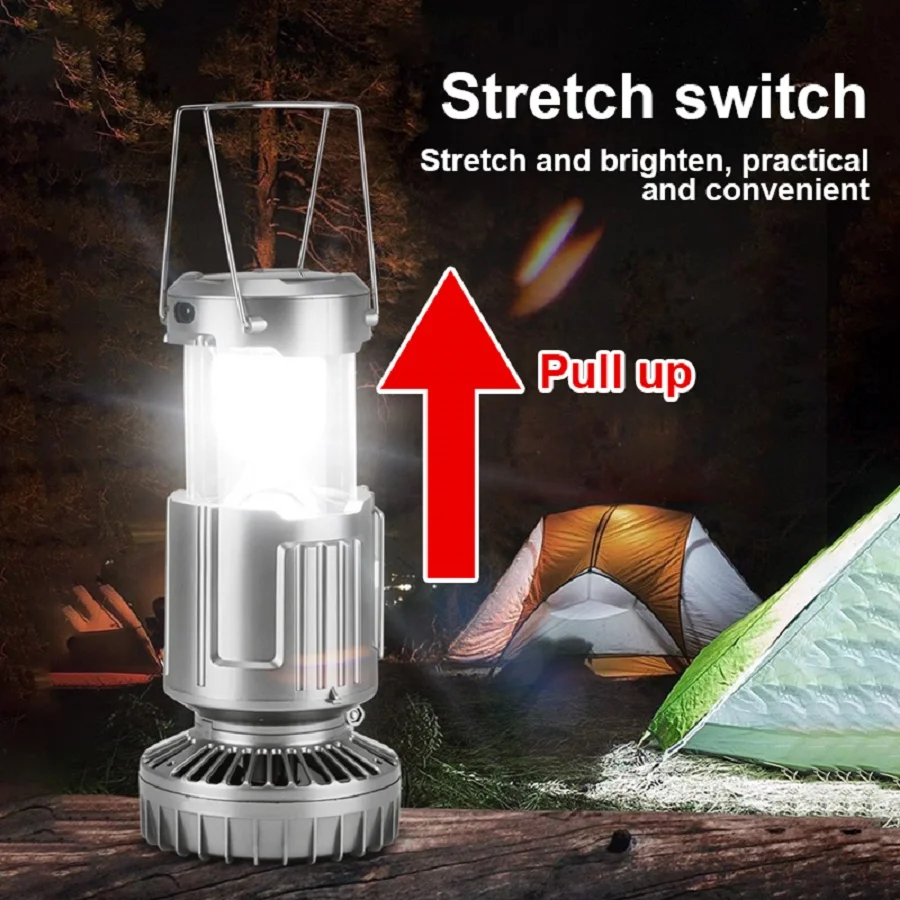 Outdoor Solar Camping Light Portable With Fan Solar Charge Hanging Tent Lamp Rechargeable Camping Flashlight Powerful Hand Lamp