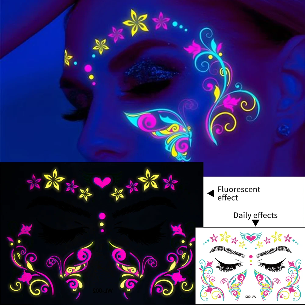 

1Pcs Fluorescent Face Tattoo Sticker Waterproof Temporary Tattoo Butterfly/Flowers/Feather Face Sticker for Music Festival Party